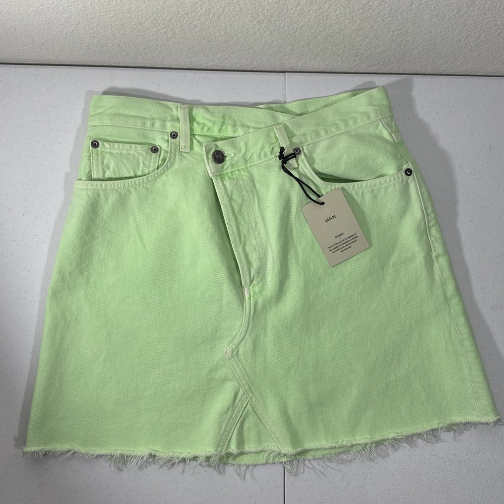 AGOLDE Criss Cross High Rise Denim Mini skirt 27 Lime Green $265 Made in USA - Picture 10 of 16